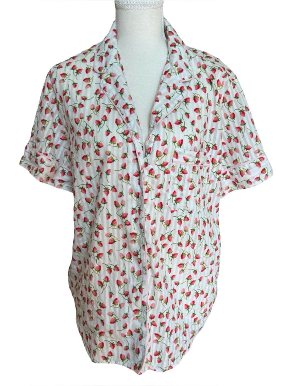Victoria's Secret Pink Red Strawberry Stripe Cotton Pajama Sleep shirt Top only